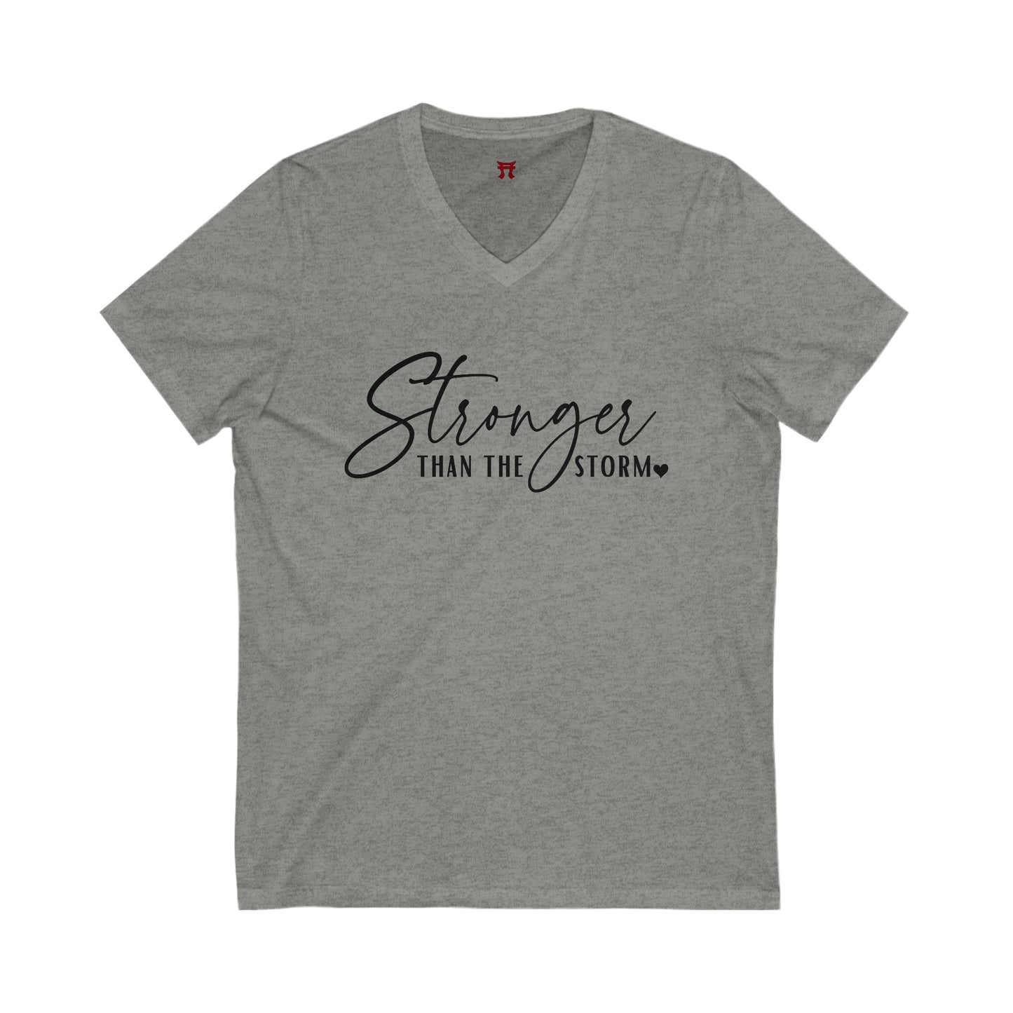 Rakkgear Women's 'Stronger Than The Storm' Athletic Heather V-neck T-Shirt with an elegant 'Stronger Than The Storm' slogan on the front and the Rakkgear Logo on the upper back of the shirt.