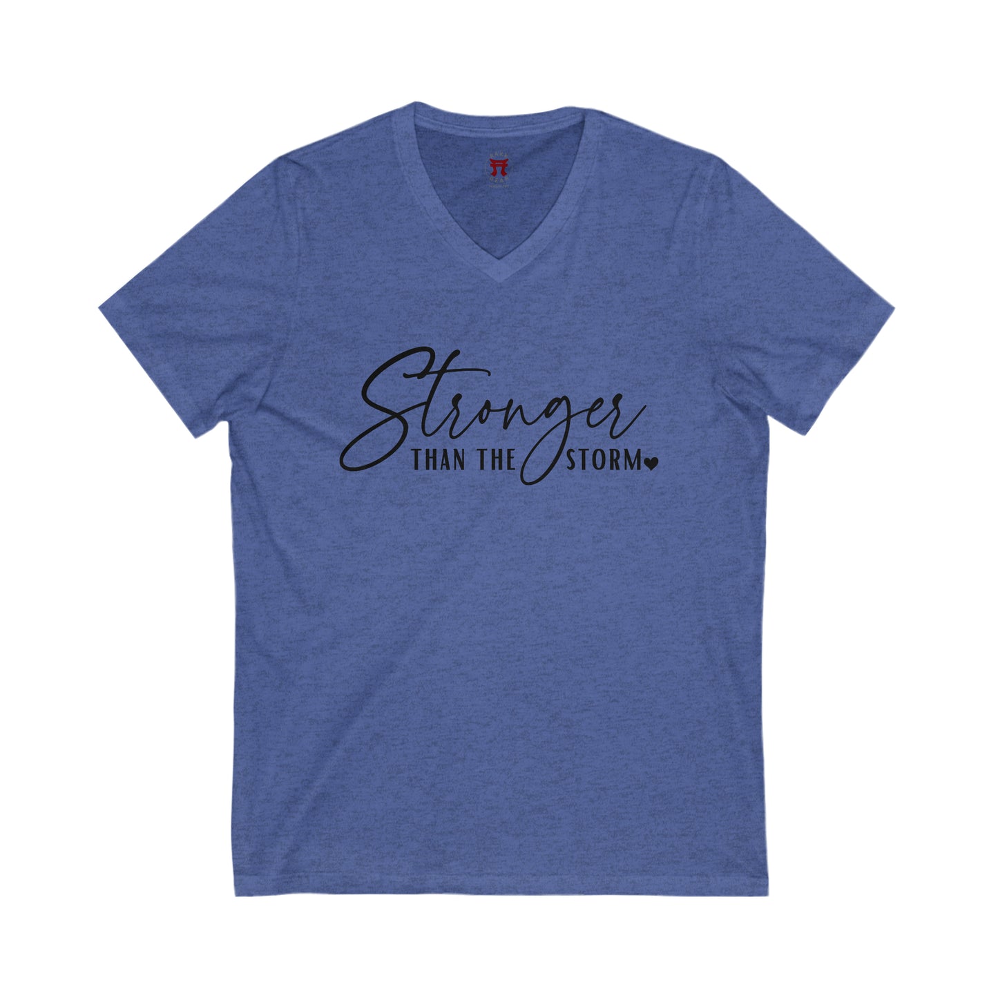 Rakkgear Women's 'Stronger Than The Storm' Heather Blue V-neck T-Shirt with an elegant 'Stronger Than The Storm' slogan on the front and the Rakkgear Logo on the upper back of the shirt.