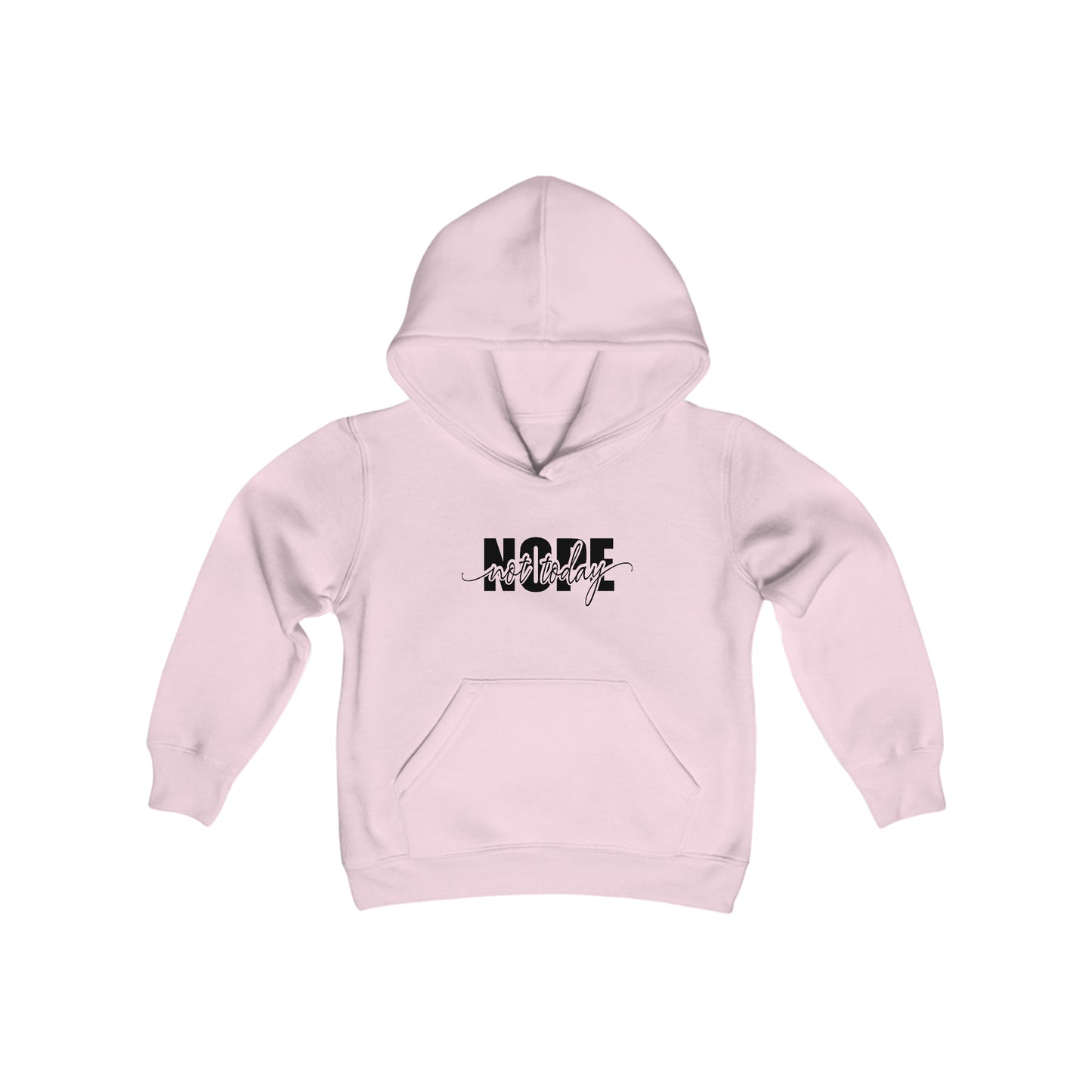 Rakkgear Youth "Nope Not Today" Pink Hoodie: Grey hoodie featuring bold 'NOPE' and 'Not Today' in cursive on the front. Iconic Rakkgear Logo on the upper back