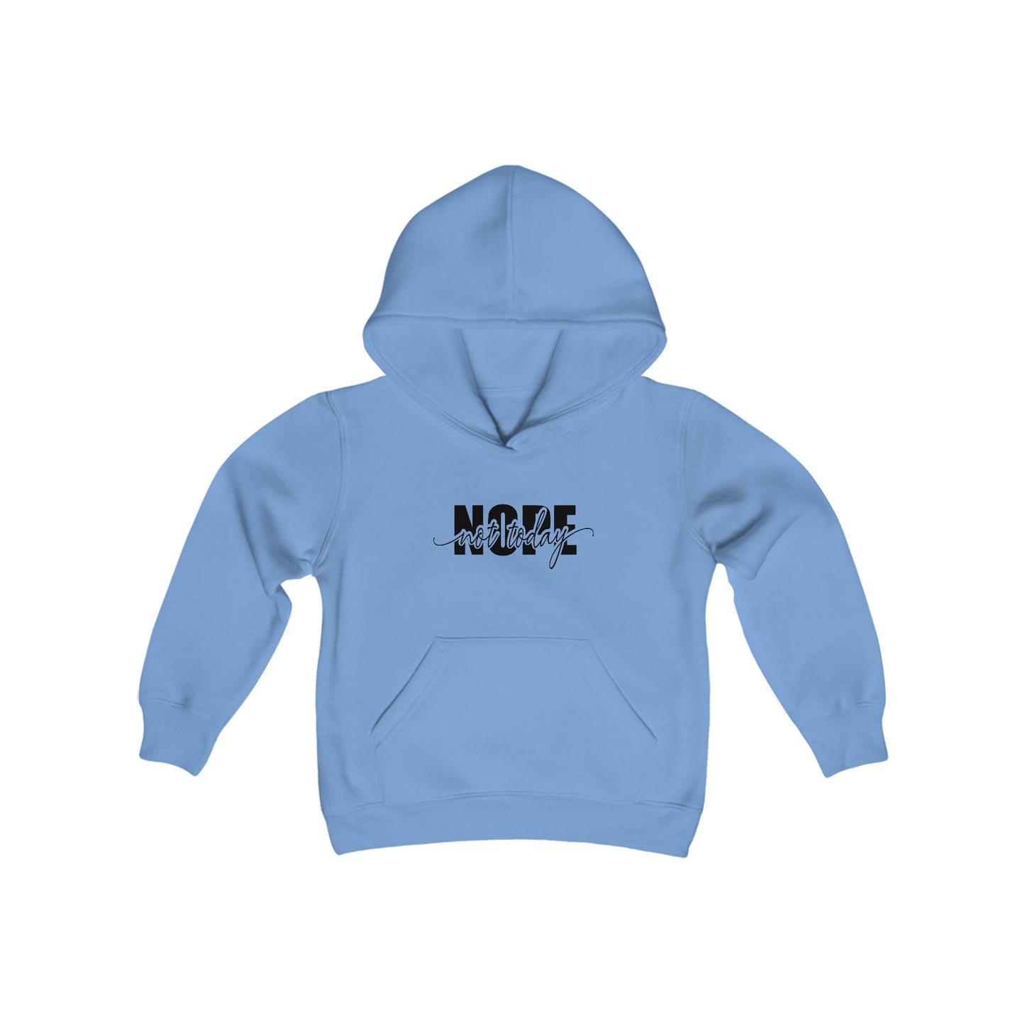 Rakkgear Youth "Nope Not Today" Blue Hoodie: Grey hoodie featuring bold 'NOPE' and 'Not Today' in cursive on the front. Iconic Rakkgear Logo on the upper back