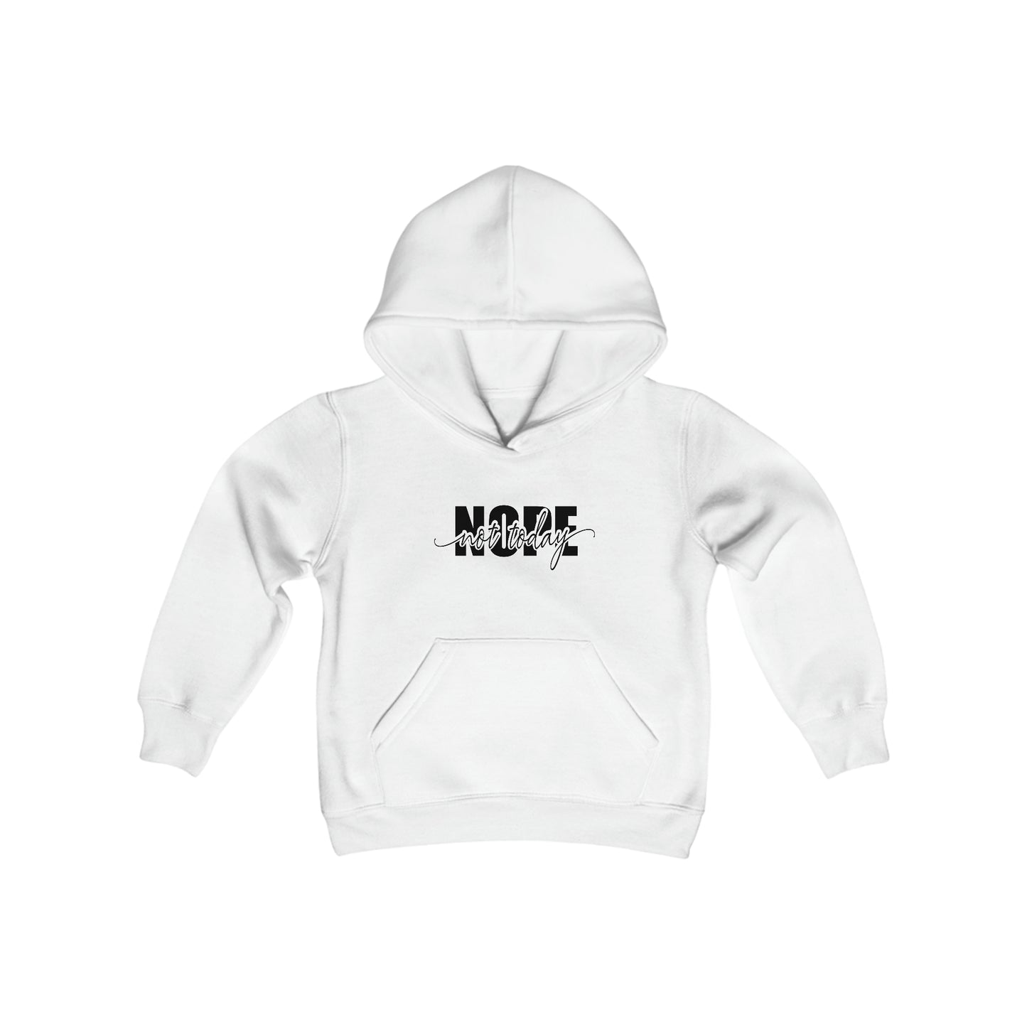 Rakkgear Youth "Nope Not Today" White Hoodie: Grey hoodie featuring bold 'NOPE' and 'Not Today' in cursive on the front. Iconic Rakkgear Logo on the upper back