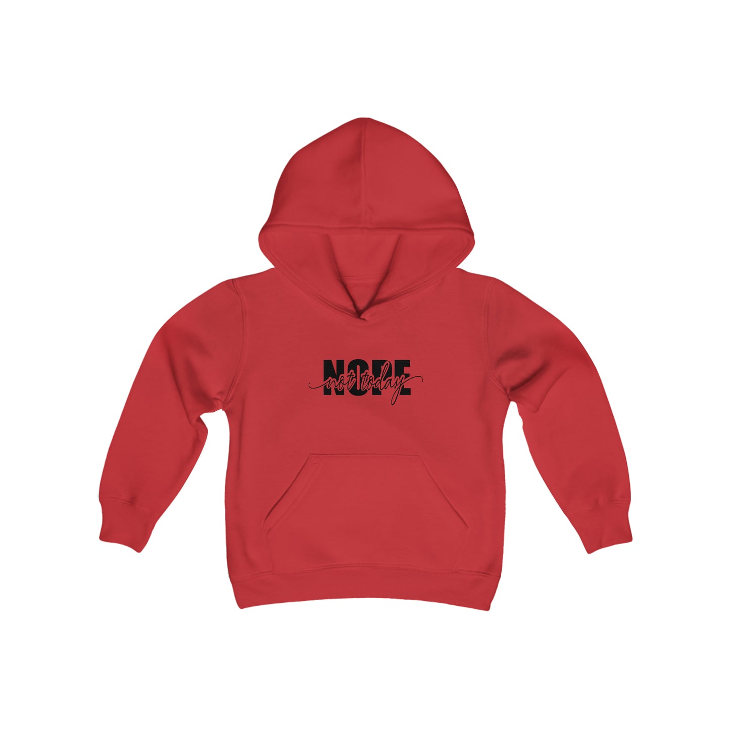 Rakkgear Youth "Nope Not Today" Red Hoodie: Grey hoodie featuring bold 'NOPE' and 'Not Today' in cursive on the front. Iconic Rakkgear Logo on the upper back