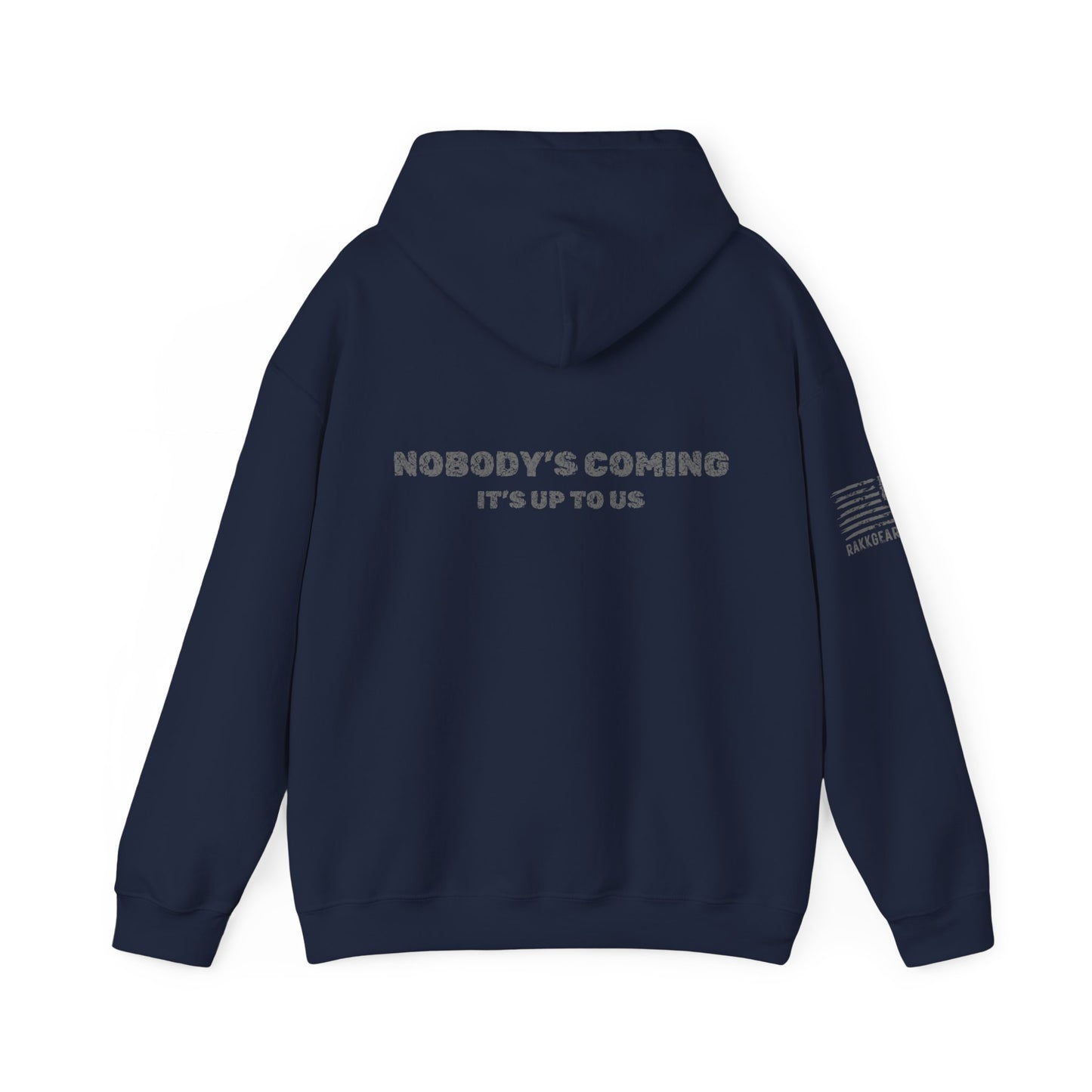 Rakkgear X- Logo Nobody's Coming Heavy Hoodie back of hoodie in navy blue