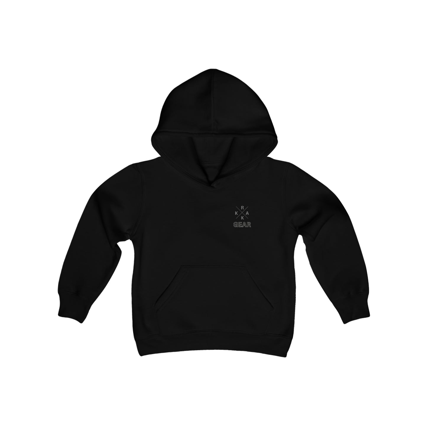 Rakkgear Youth X Logo Black Hoodie: A sleek black hoodie featuring the iconic Rakkgear X Logo on the upper left front, combining style and comfort for the young trendsetter