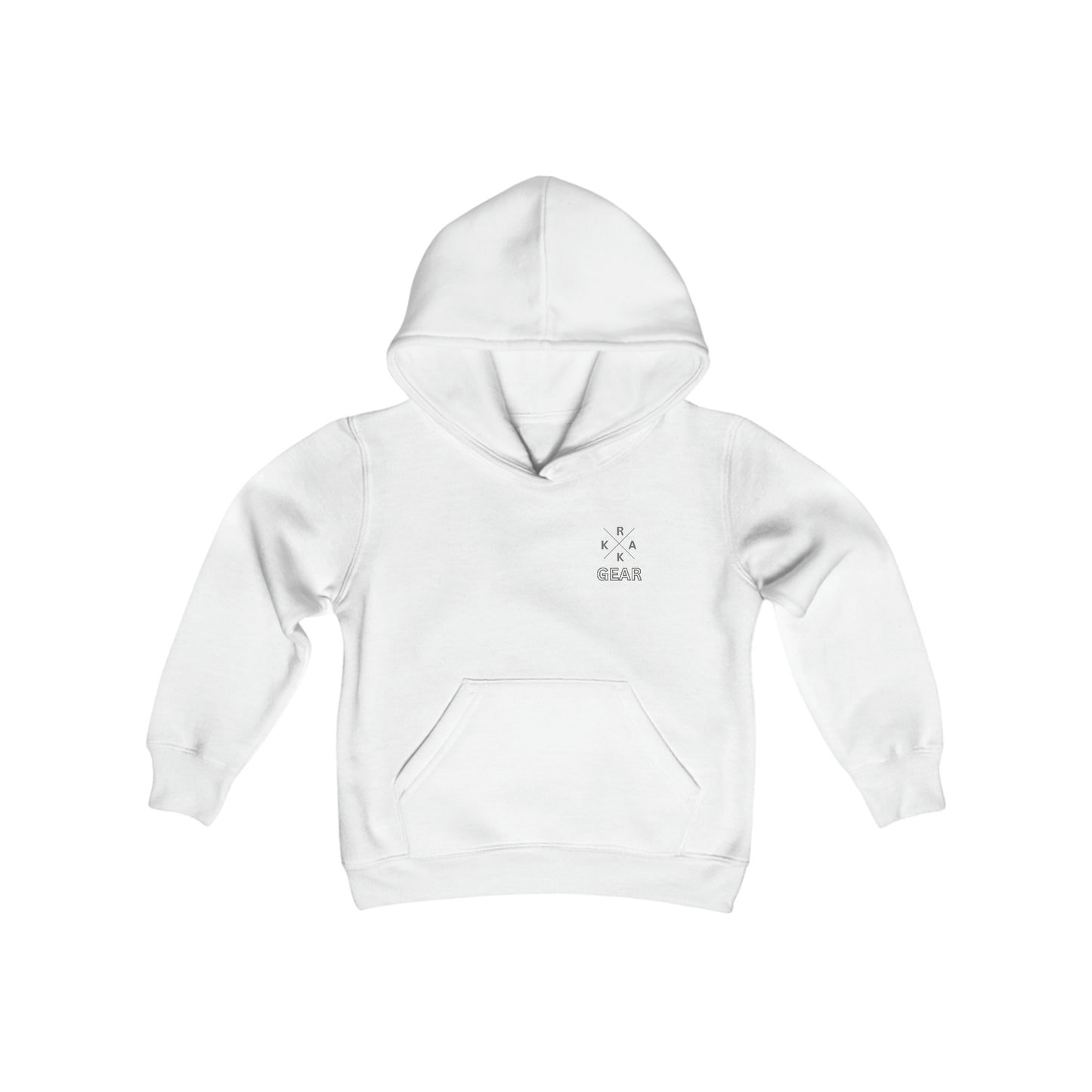 Rakkgear Youth X Logo White Hoodie: A sleek black hoodie featuring the iconic Rakkgear X Logo on the upper left front, combining style and comfort for the young trendsetter