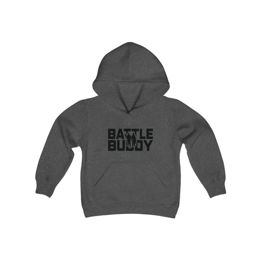 Rakkgear Youth "Battle Buddy" Grey Hoodie: A stylish grey hoodie with 'Battle Buddy' on the front and the iconic Rakkgear Logo on the upper back, combining fashion and camaraderie for the spirited youth