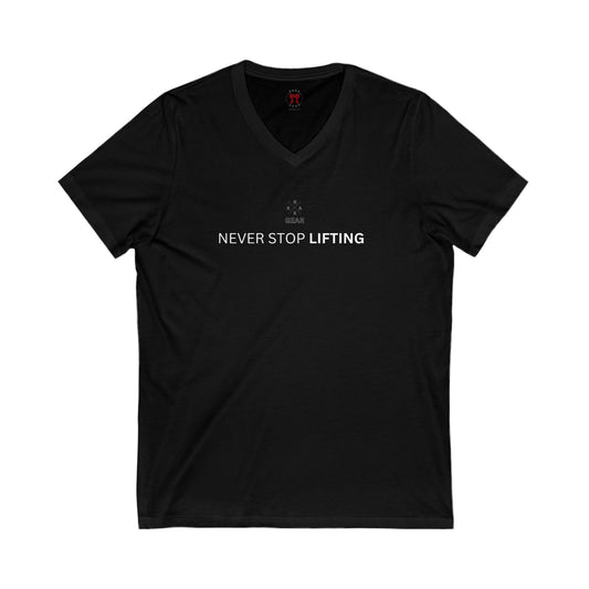 Rakkgear 'Never Stop Lifting' Black T-Shirt with Rakkgear X Logo on the front, 'Never Stop Lifting' slogan, and iconic Rakkgear Logo on inner collar.