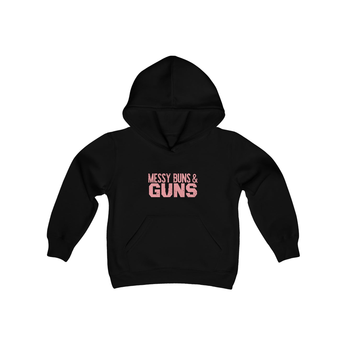 Rakkgear Girls Messy Buns and Guns hoodie in Black with bold slogan on front and Rakkgear logo on the inner upper back. 