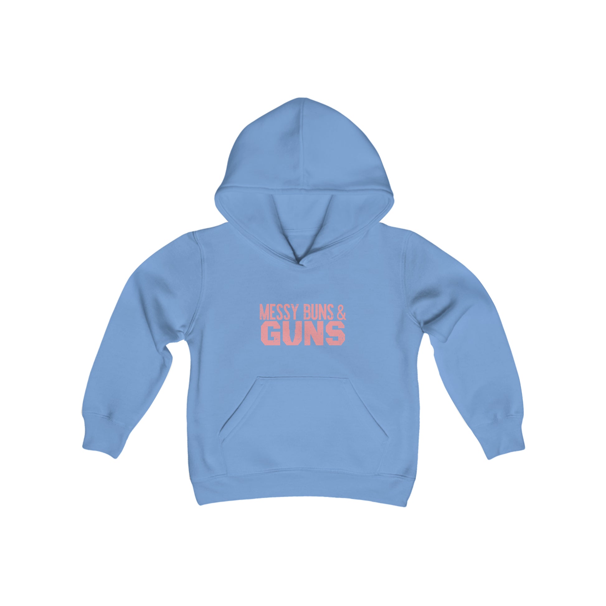 Rakkgear Girls Messy Buns and Guns hoodie in Blue with bold slogan on front and Rakkgear logo on the inner upper back. 