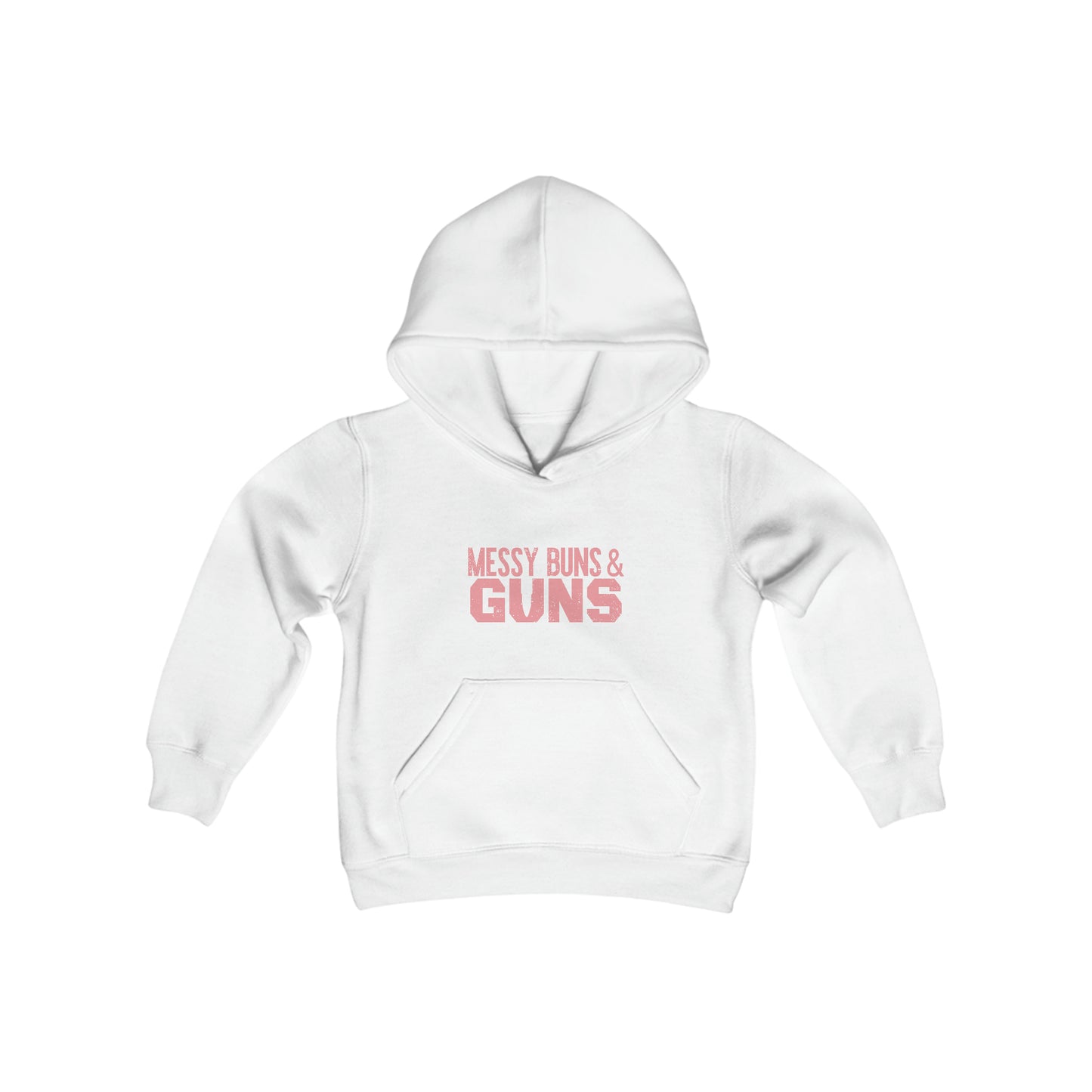 Rakkgear Girls Messy Buns and Guns hoodie in White with bold slogan on front and Rakkgear logo on the inner upper back. 