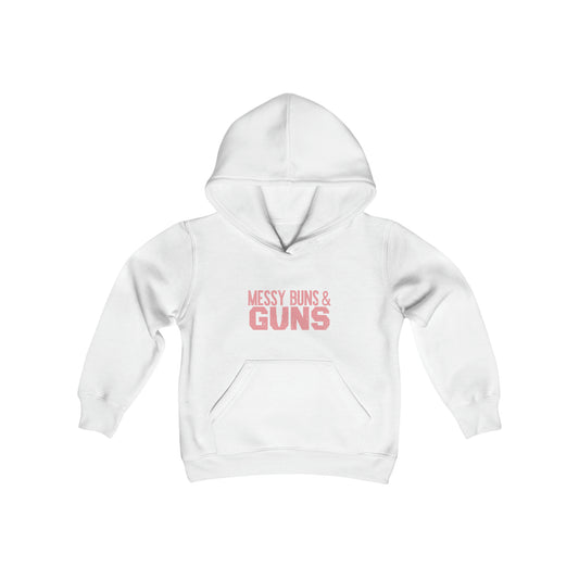 Rakkgear Girls Messy Buns and Guns hoodie in White with bold slogan on front and Rakkgear logo on the inner upper back. 
