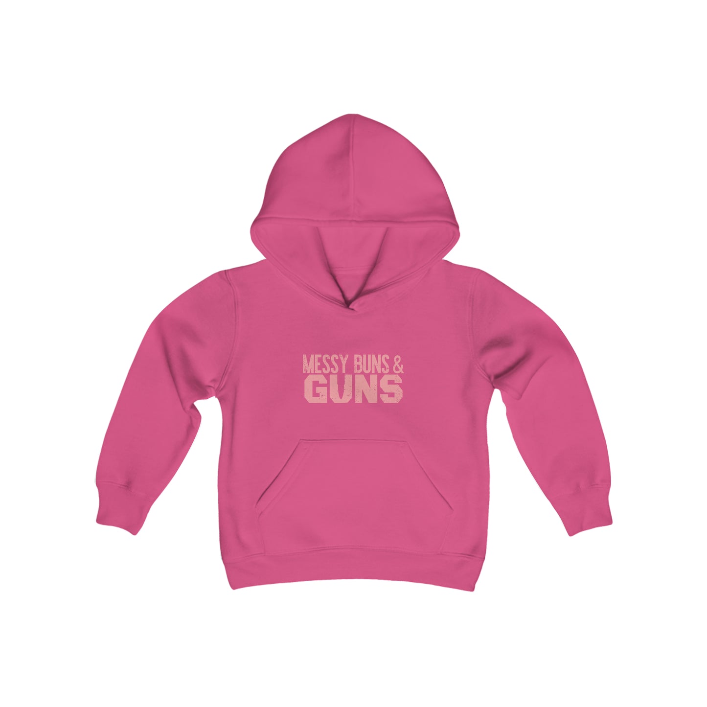 Rakkgear Girls Messy Buns and Guns hoodie in Red with bold slogan on front and Rakkgear logo on the inner upper back. 