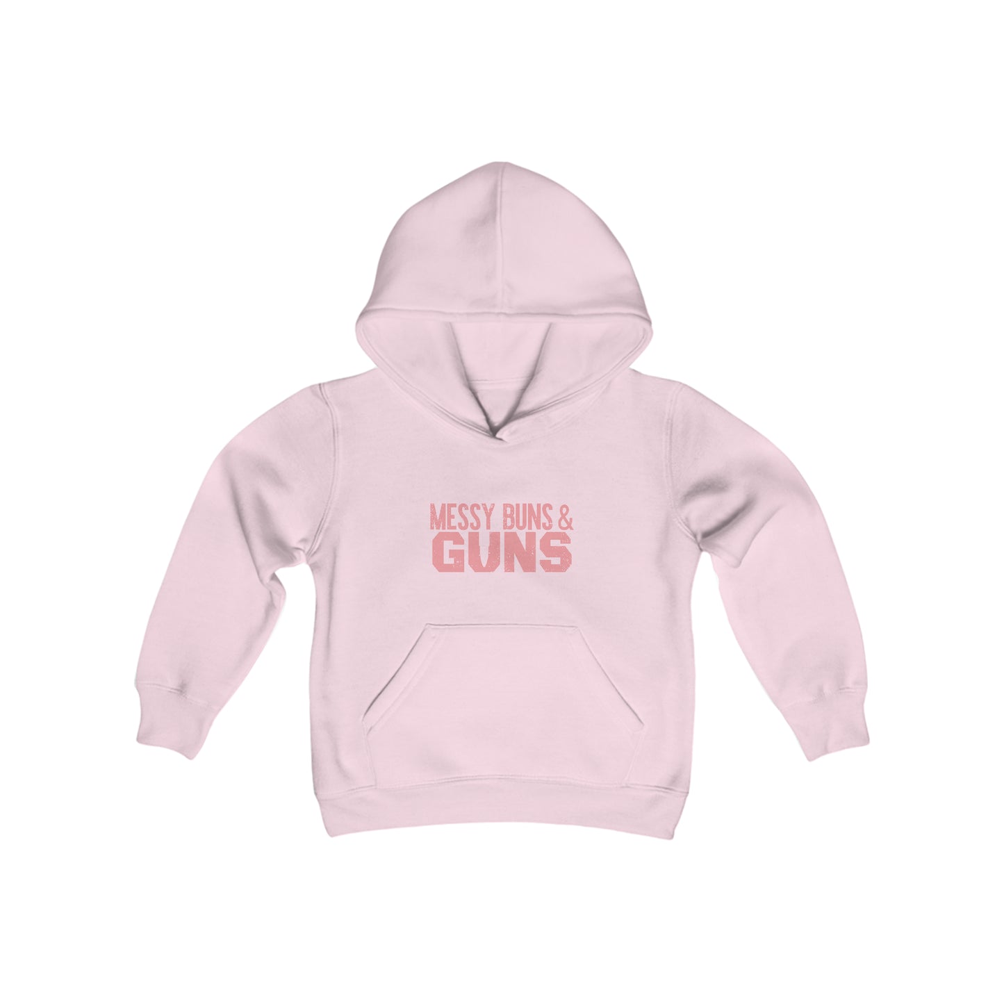 Rakkgear Girls Messy Buns and Guns hoodie in Pink with bold slogan on front and Rakkgear logo on the inner upper back. 