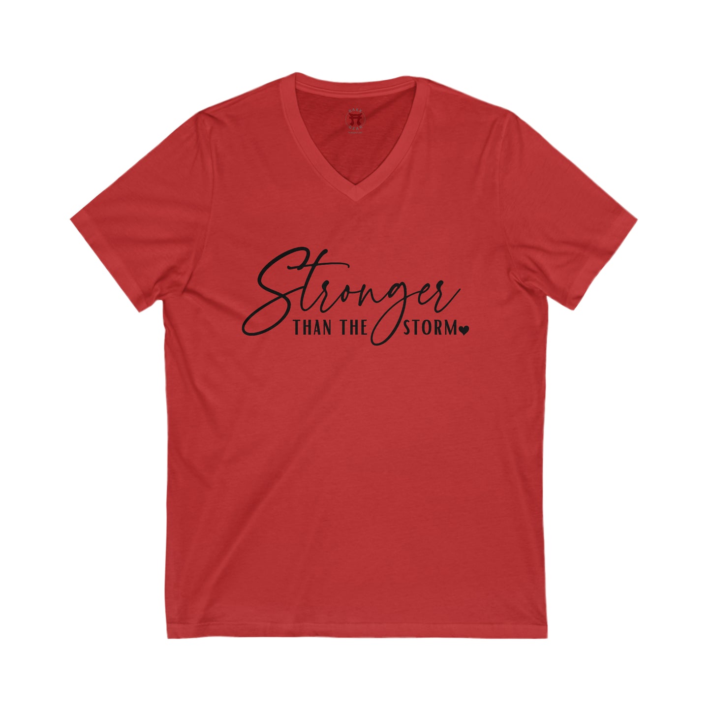 Rakkgear Women's 'Stronger Than The Storm' Red V-neck T-Shirt with an elegant 'Stronger Than The Storm' slogan on the front and the Rakkgear Logo on the upper back of the shirt.