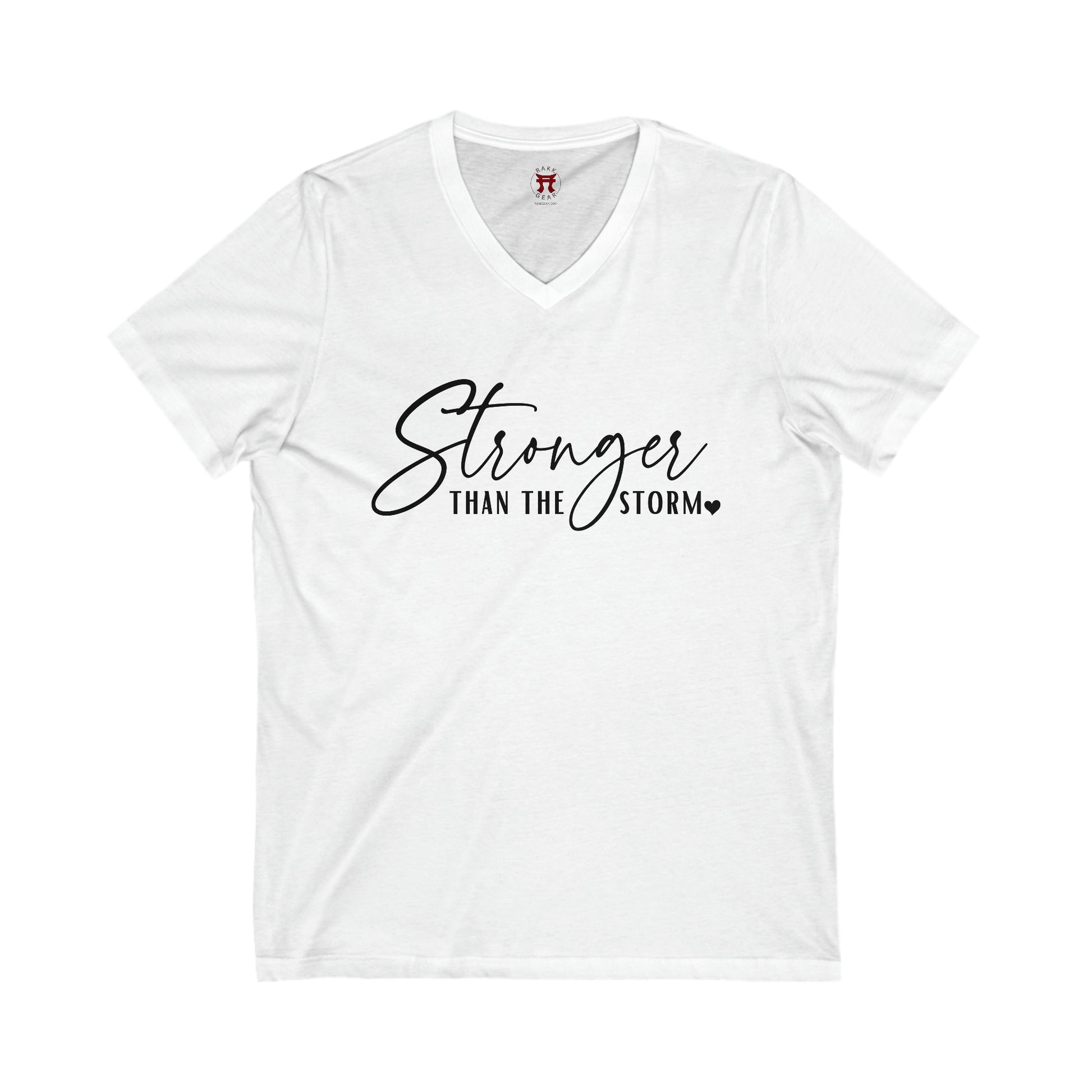 Rakkgear Women's 'Stronger Than The Storm' White V-neck T-Shirt with an elegant 'Stronger Than The Storm' slogan on the front and the Rakkgear Logo on the upper back of the shirt.