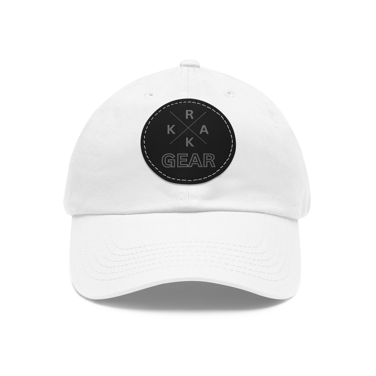 Rakkgear White Hat with Black Leather X Logo Patch: Cap featuring the iconic Rakkgear X Logo on a finely embroidered leather patch on the front