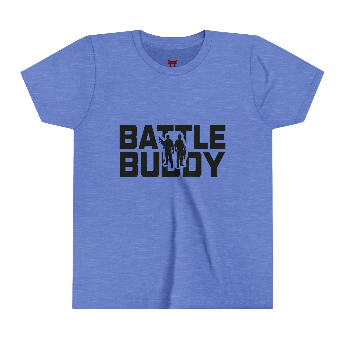 Rakkgear Youth "Battle Buddy" Blue T-Shirt: Grey tee featuring 'Battle Buddy' on the front. Iconic Rakkgear Logo on the inner upper back.