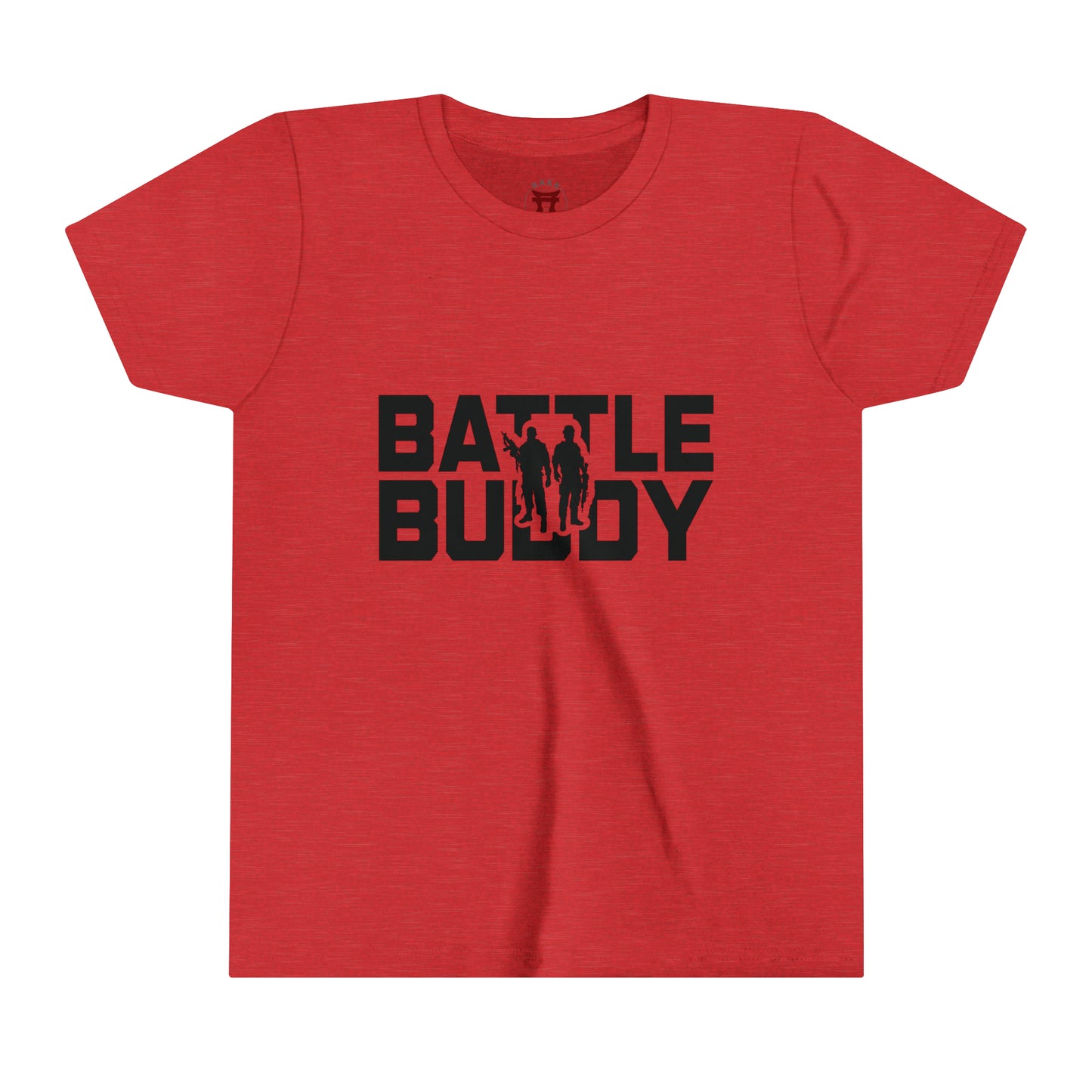 Rakkgear Youth "Battle Buddy" Red T-Shirt: Grey tee featuring 'Battle Buddy' on the front. Iconic Rakkgear Logo on the inner upper back.