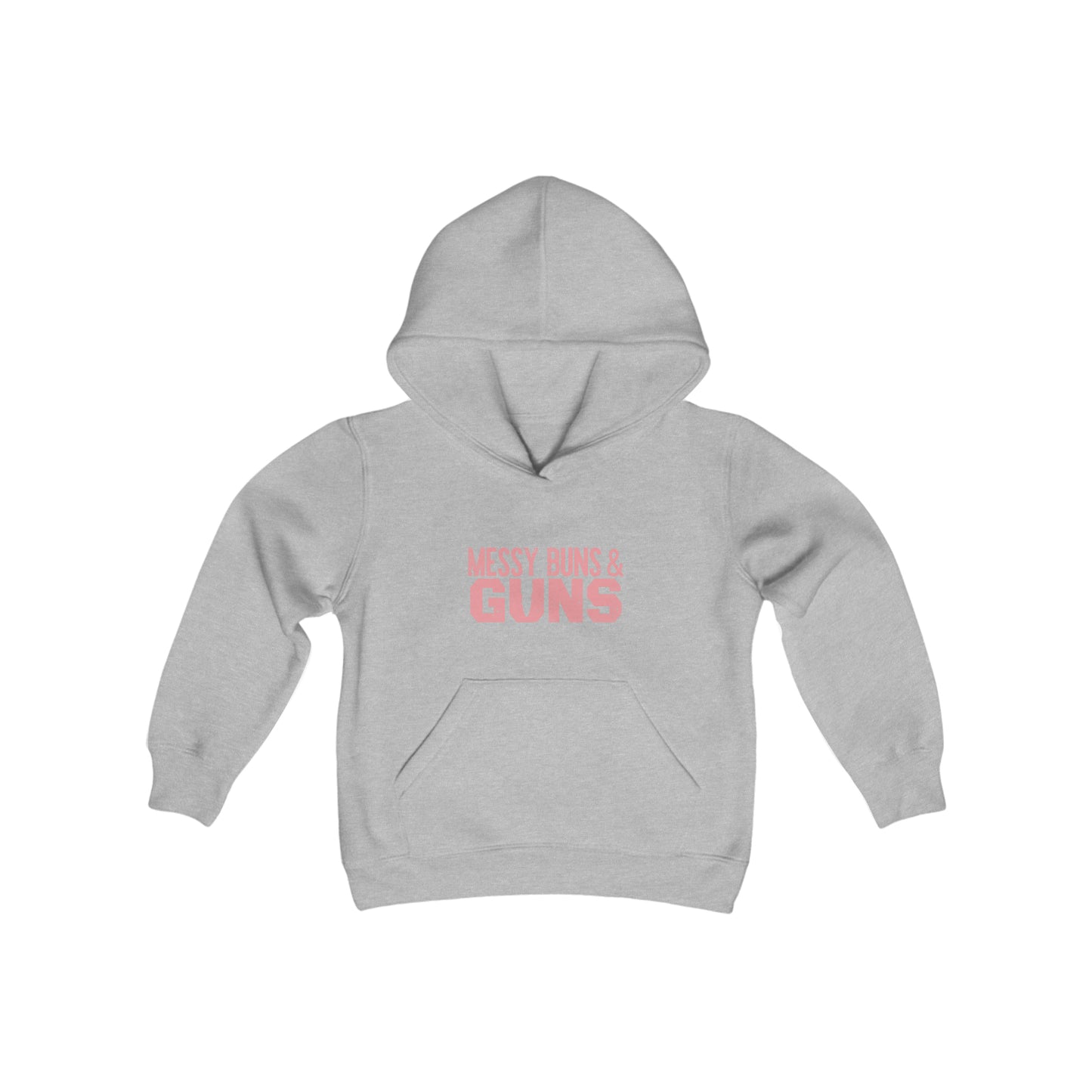 Rakkgear Girls Messy Buns and Guns hoodie in Grey with bold slogan on front and Rakkgear logo on the inner upper back. 