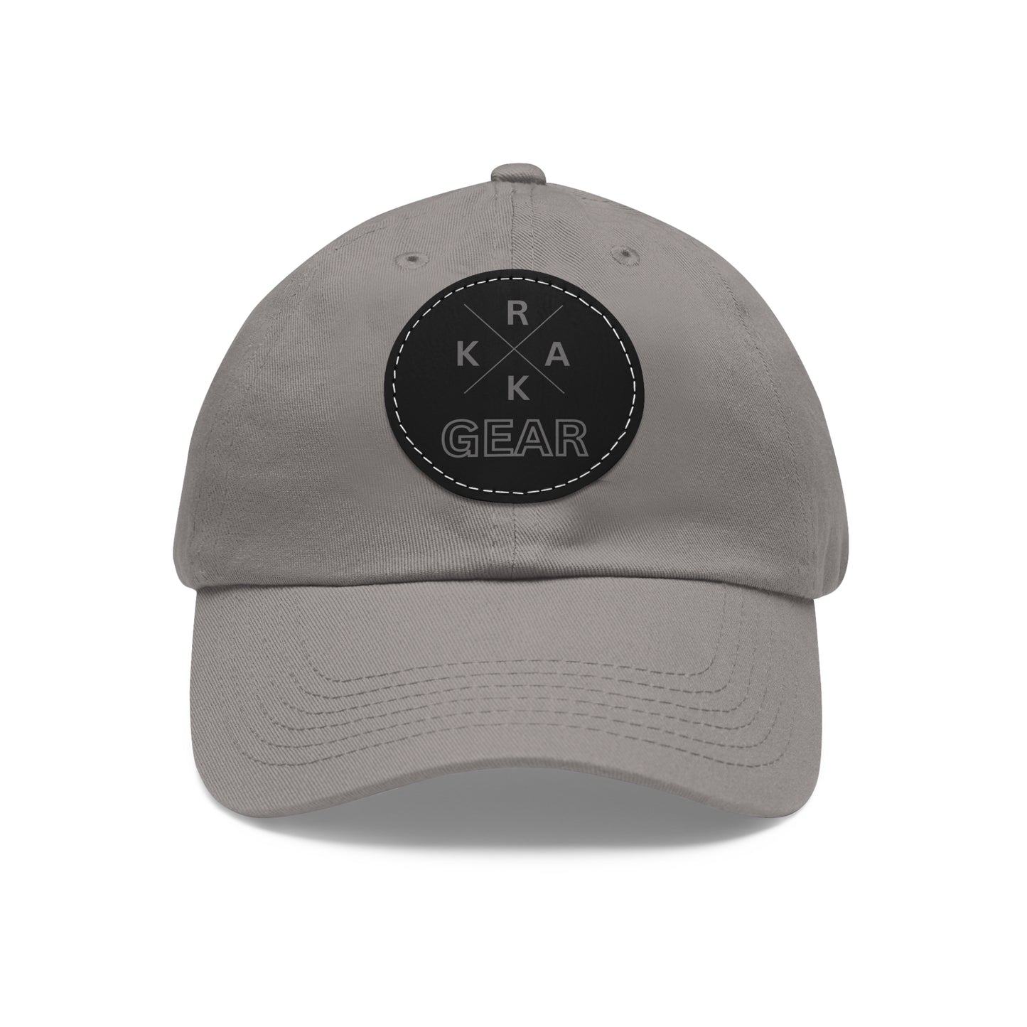 Rakkgear Grey Hat with Black Leather X Logo Patch: Cap featuring the iconic Rakkgear X Logo on a finely embroidered leather patch on the front
