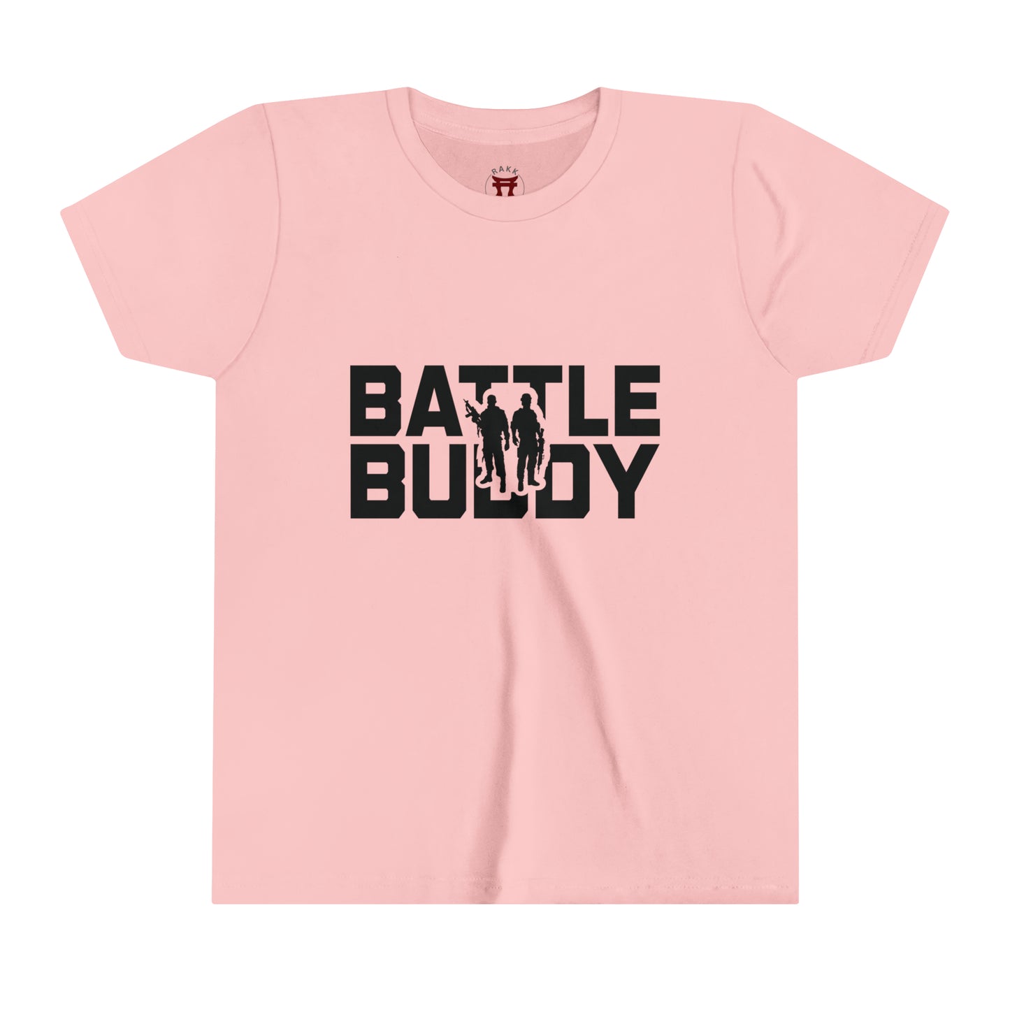 Rakkgear Youth "Battle Buddy" Pink T-Shirt: Grey tee featuring 'Battle Buddy' on the front. Iconic Rakkgear Logo on the inner upper back.