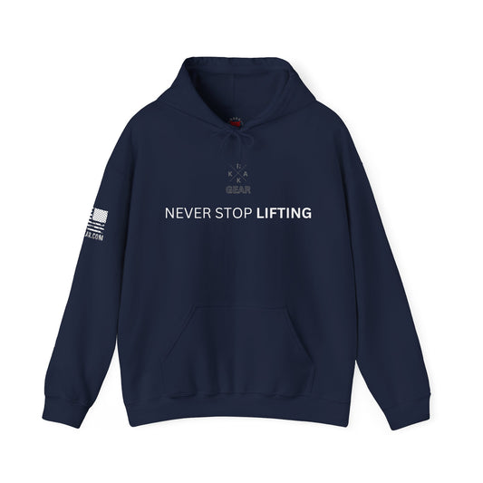 Rakkgear Never Stop Lifting Heavy Hoodie in navy blue