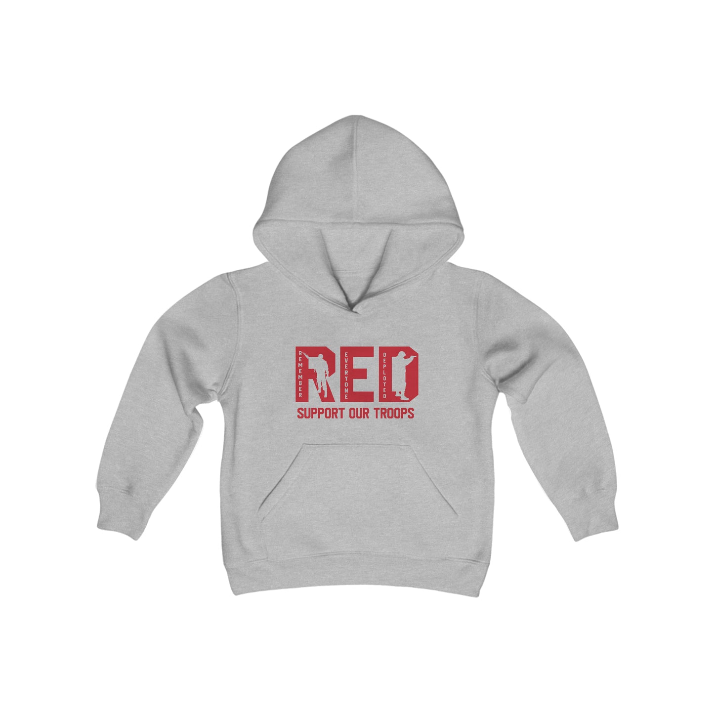 Rakkgear Youth "Remember Everyone Deployed" Grey Hoodie: Grey hoodie with RED letters and 'Support Our Troops' on the front. Iconic Rakkgear Logo on the upper back