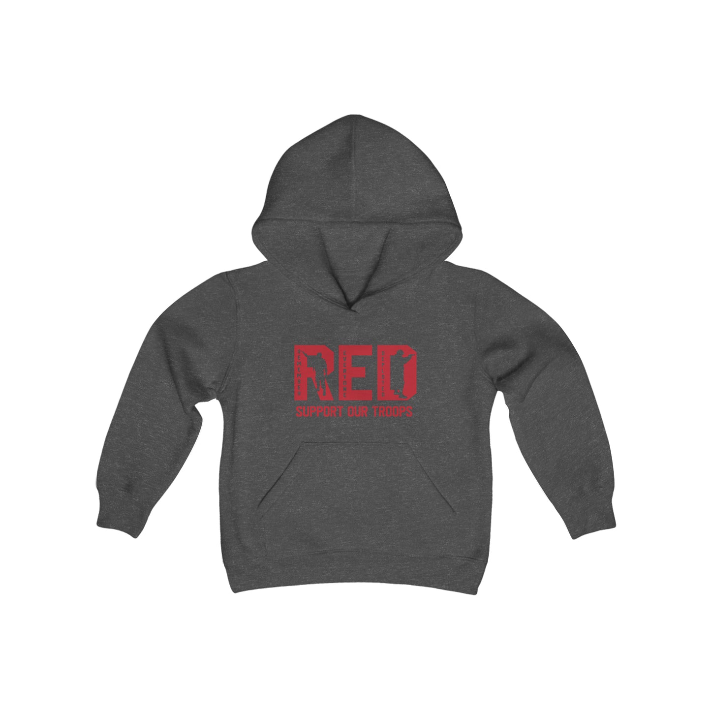 Rakkgear Youth "Remember Everyone Deployed" Dark Grey Hoodie: Grey hoodie with RED letters and 'Support Our Troops' on the front. Iconic Rakkgear Logo on the upper back