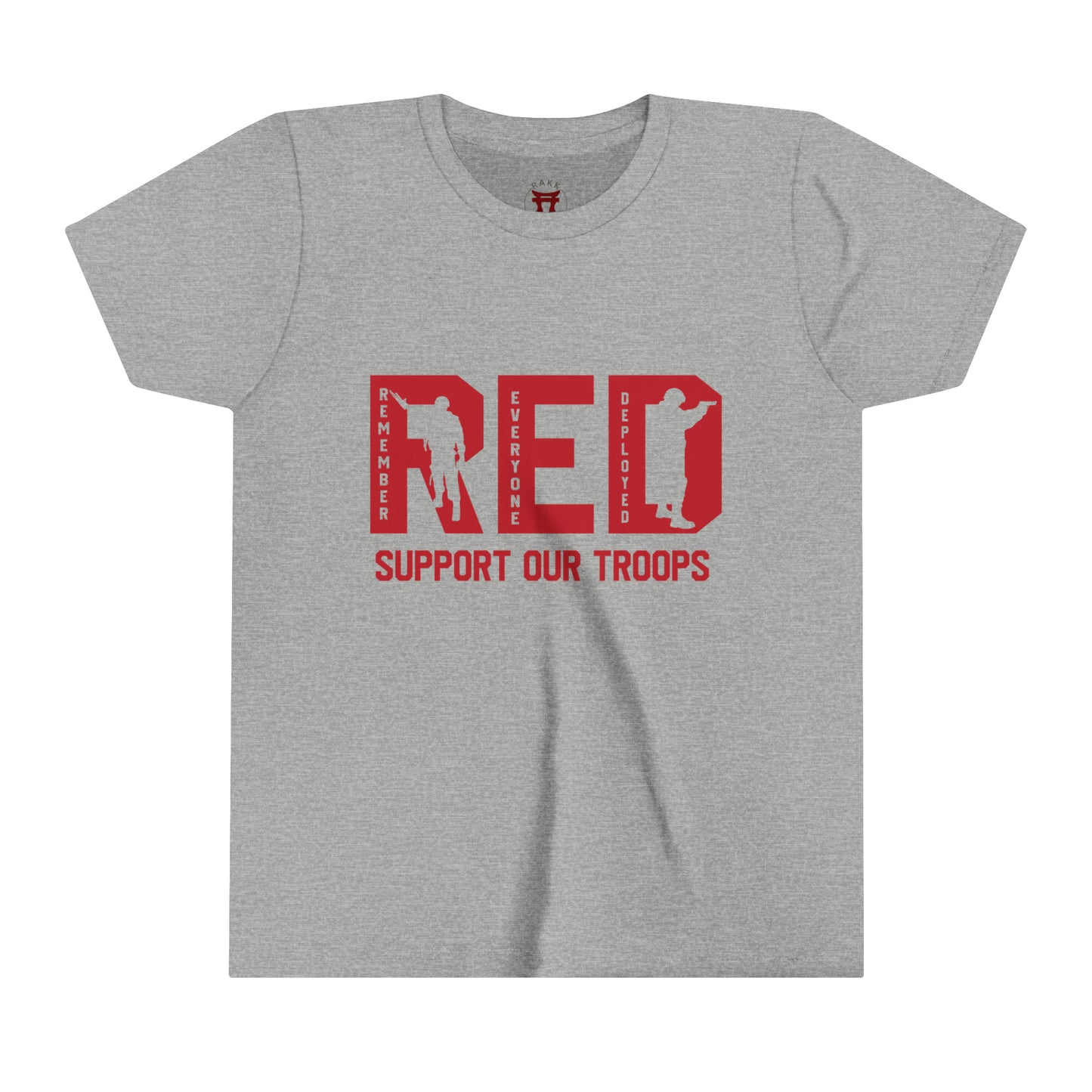 Rakkgear Youth "Remember Everyone Deployed" Grey Tee: Black t-shirt featuring RED letters with 'Support Our Troops' on the front. Iconic Rakkgear Logo on the upper back.