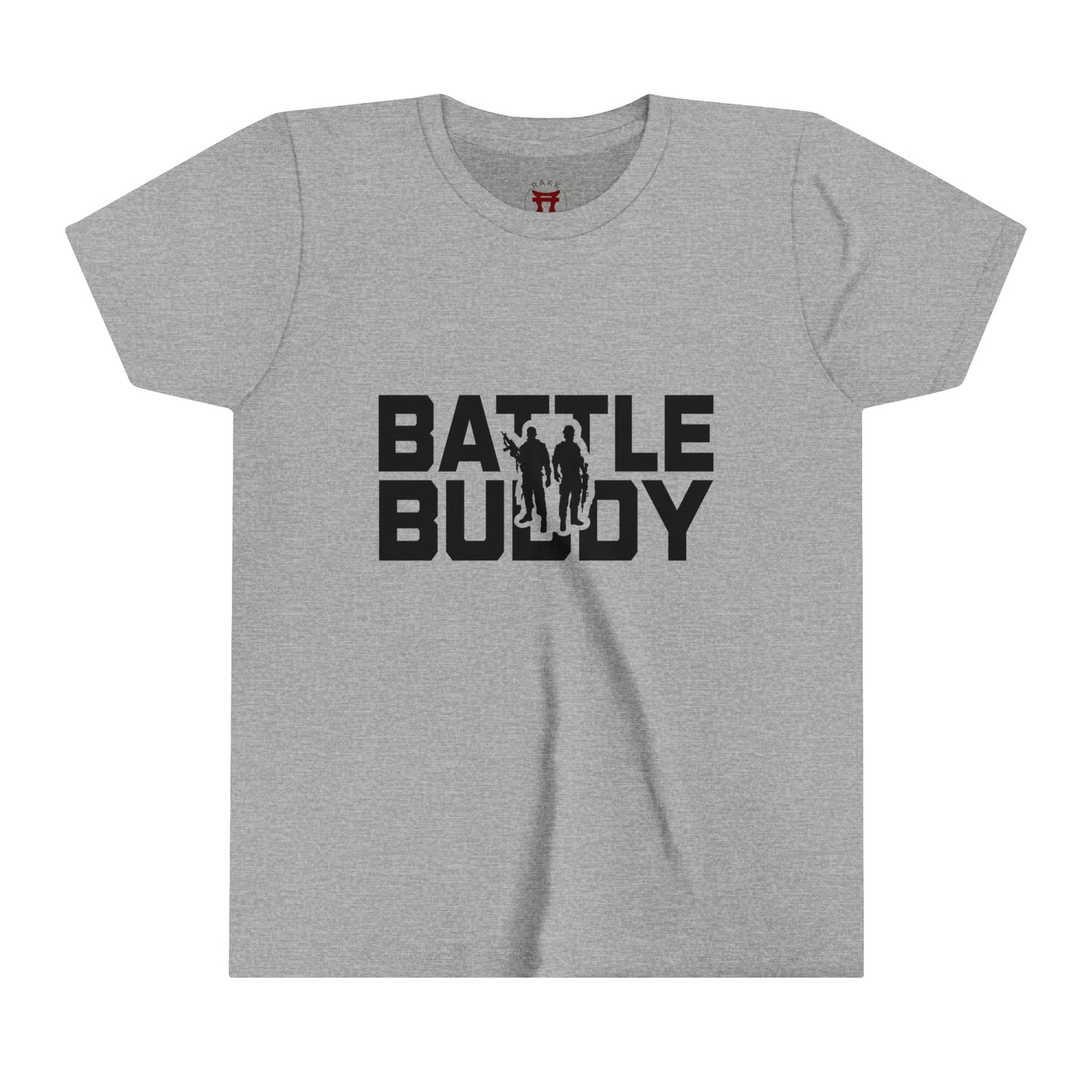 Rakkgear Youth "Battle Buddy" Grey T-Shirt: Grey tee featuring 'Battle Buddy' on the front. Iconic Rakkgear Logo on the inner upper back.