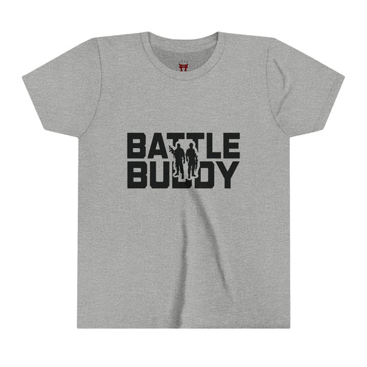 Rakkgear Youth "Battle Buddy" Grey T-Shirt: Grey tee featuring 'Battle Buddy' on the front. Iconic Rakkgear Logo on the inner upper back.