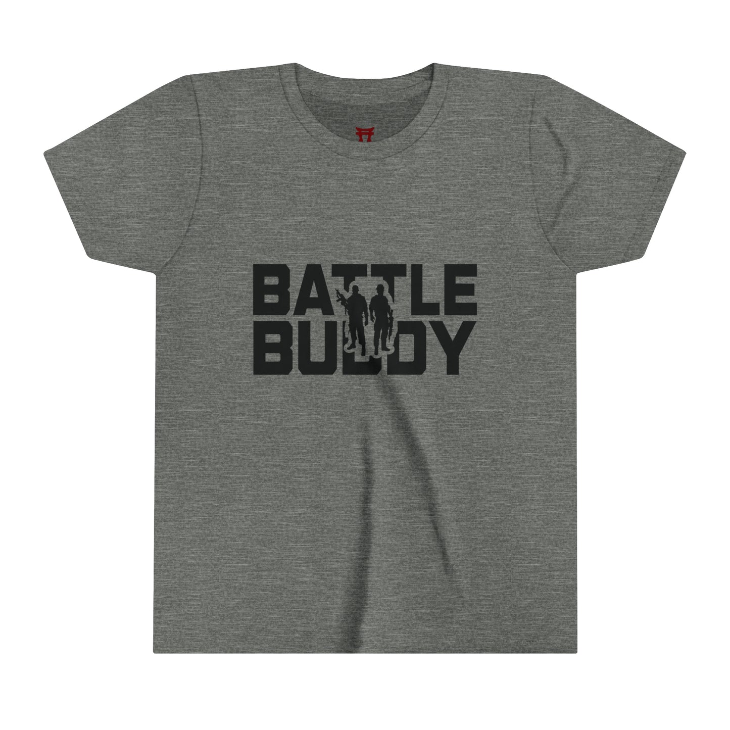 Rakkgear Youth "Battle Buddy" Dark Grey T-Shirt: Grey tee featuring 'Battle Buddy' on the front. Iconic Rakkgear Logo on the inner upper back.