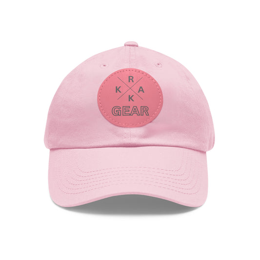 Rakkgear Pink Hat with Pink Leather X Logo Patch: Cap featuring the iconic Rakkgear X Logo on a finely embroidered leather patch on the front