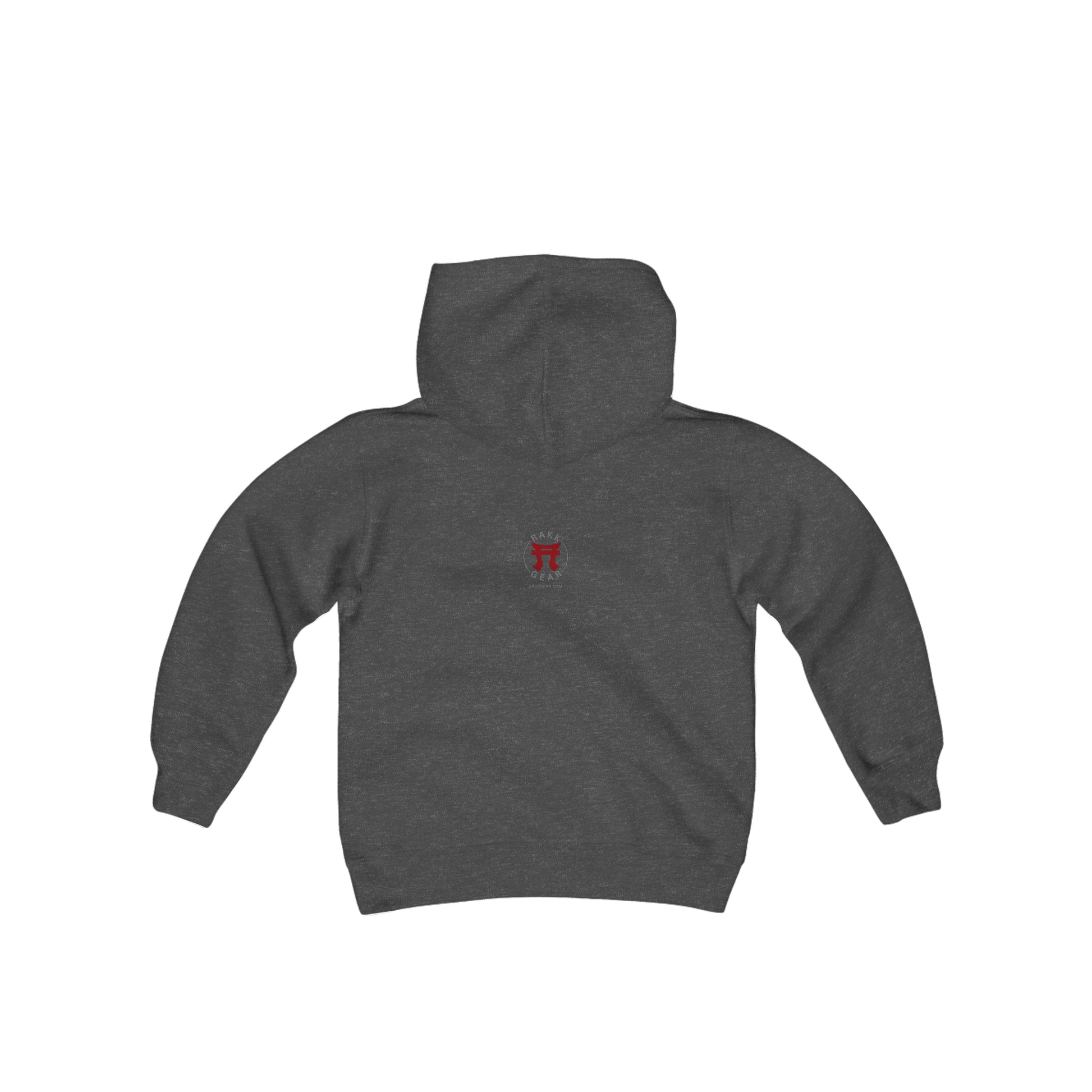 Rakkgear Youth "Battle Buddy" Grey Hoodie: A stylish grey hoodie with 'Battle Buddy' on the front and the iconic Rakkgear Logo on the upper back, combining fashion and camaraderie for the spirited youth