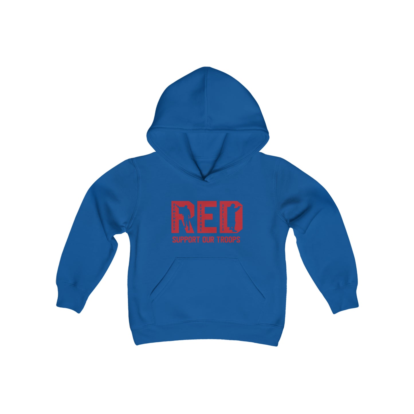 Rakkgear Youth "Remember Everyone Deployed" Blue Hoodie: Grey hoodie with RED letters and 'Support Our Troops' on the front. Iconic Rakkgear Logo on the upper back