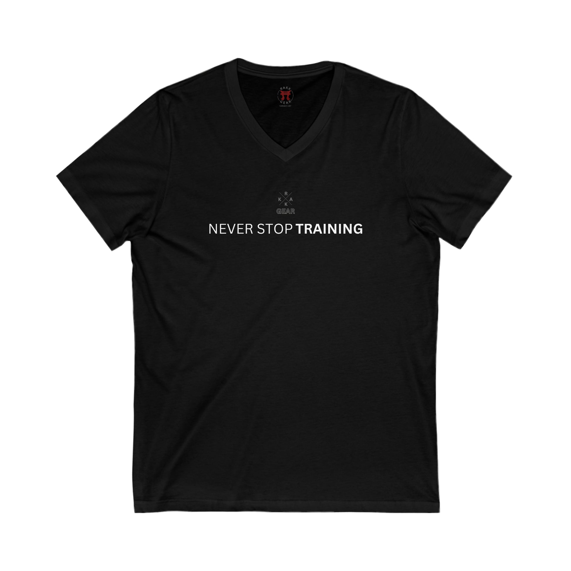 Rakkgear 'Never Stop Training' Black T-Shirt - Featuring Rakkgear X Logo and empowering slogan. Iconic Rakkgear Logo on the inner collar. 