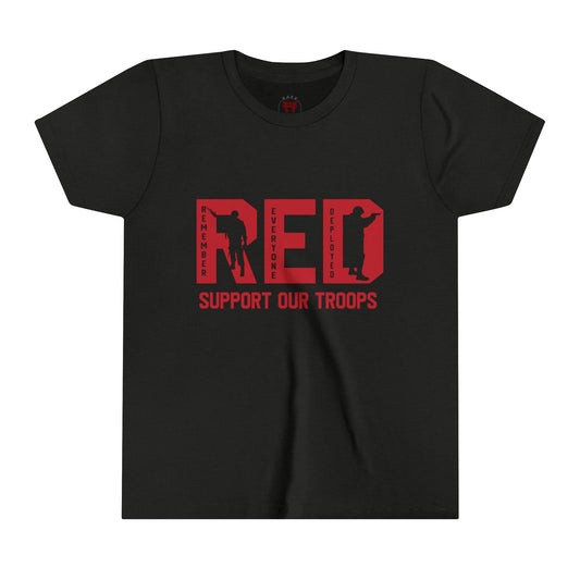 Rakkgear Youth "Remember Everyone Deployed" Black Tee: Black t-shirt featuring RED letters with 'Support Our Troops' on the front. Iconic Rakkgear Logo on the upper back.