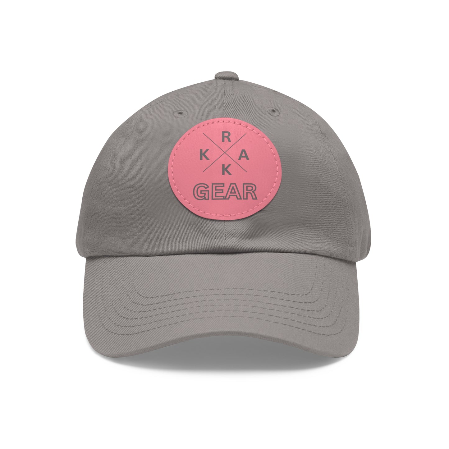 Rakkgear Grey Hat with Pink Leather X Logo Patch: Cap featuring the iconic Rakkgear X Logo on a finely embroidered leather patch on the front