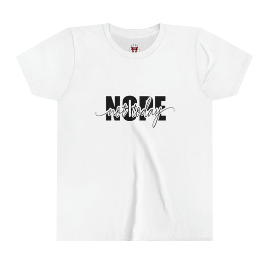 Rakkgear Youth "Nope Not Today" White T-Shirt featuring a bold 'NOPE' and 'Not Today' in cursive on the front. Iconic Rakkgear Logo on the upper inner collar