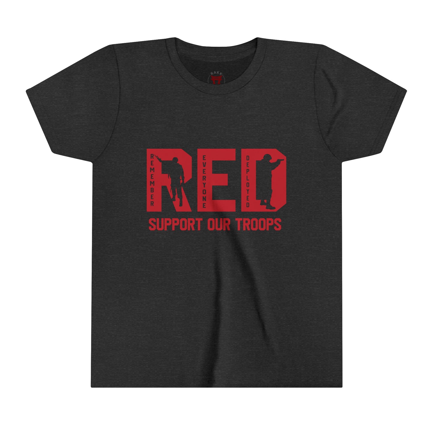 Rakkgear Youth "Remember Everyone Deployed" Dark Grey Tee: Black t-shirt featuring RED letters with 'Support Our Troops' on the front. Iconic Rakkgear Logo on the upper back.