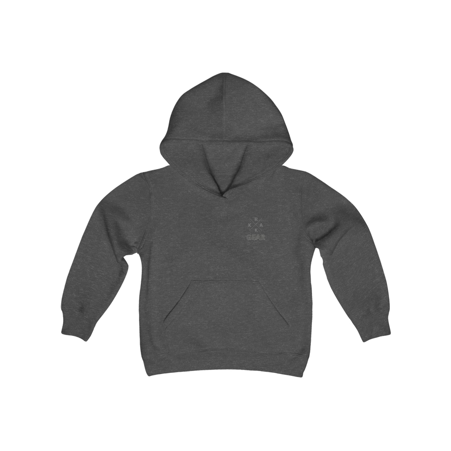 Rakkgear Youth X Logo Grey Hoodie: A sleek black hoodie featuring the iconic Rakkgear X Logo on the upper left front, combining style and comfort for the young trendsetter