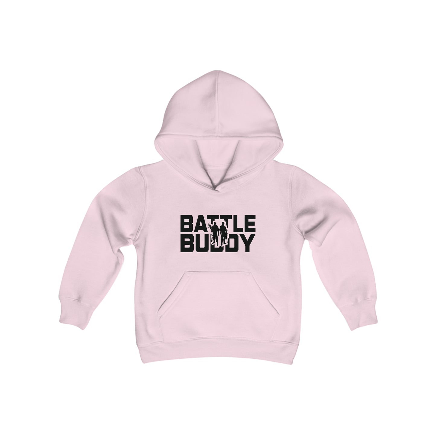 Rakkgear Youth "Battle Buddy" Pink Hoodie: A stylish grey hoodie with 'Battle Buddy' on the front and the iconic Rakkgear Logo on the upper back, combining fashion and camaraderie for the spirited youth