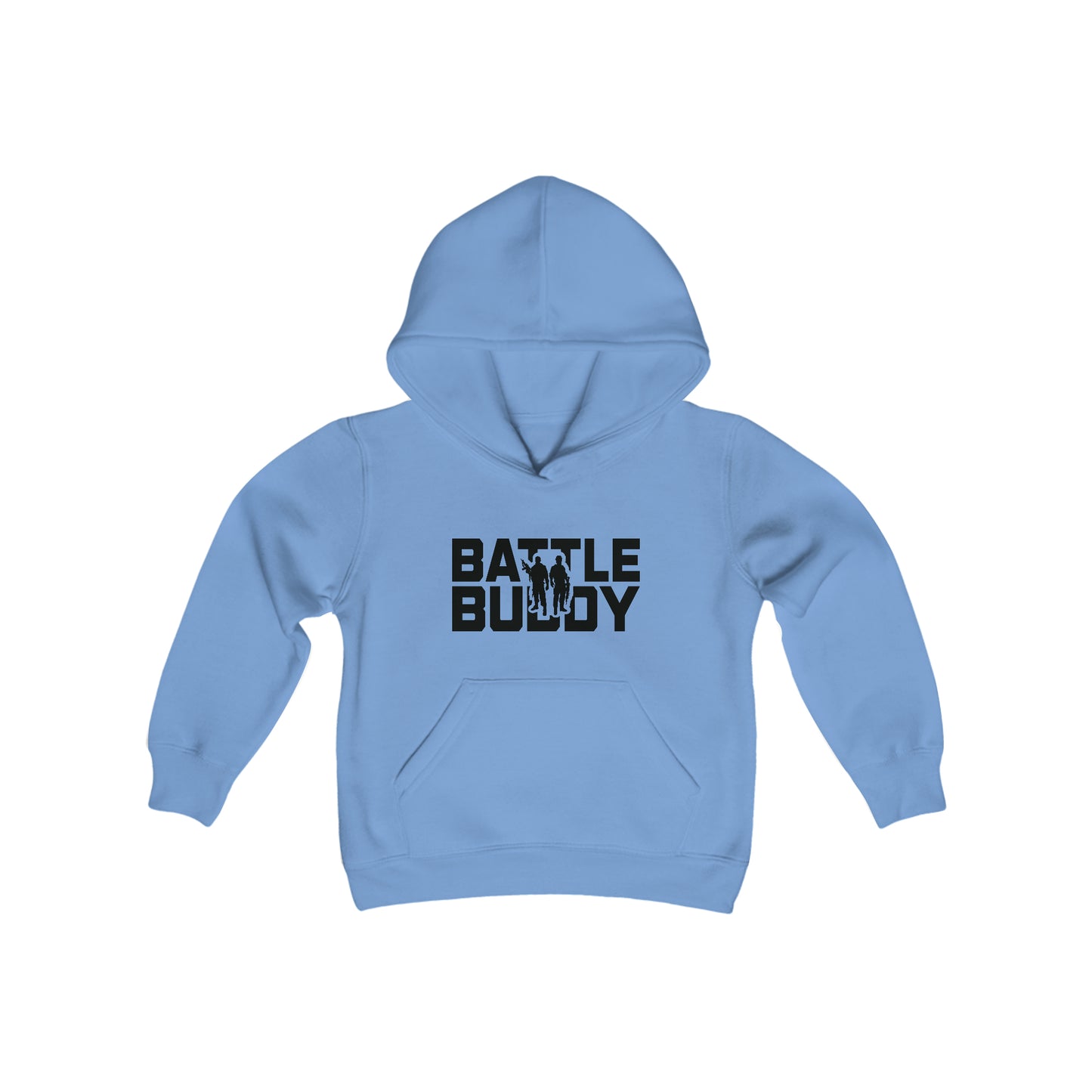 Rakkgear Youth "Battle Buddy" Blue Hoodie: A stylish grey hoodie with 'Battle Buddy' on the front and the iconic Rakkgear Logo on the upper back, combining fashion and camaraderie for the spirited youth