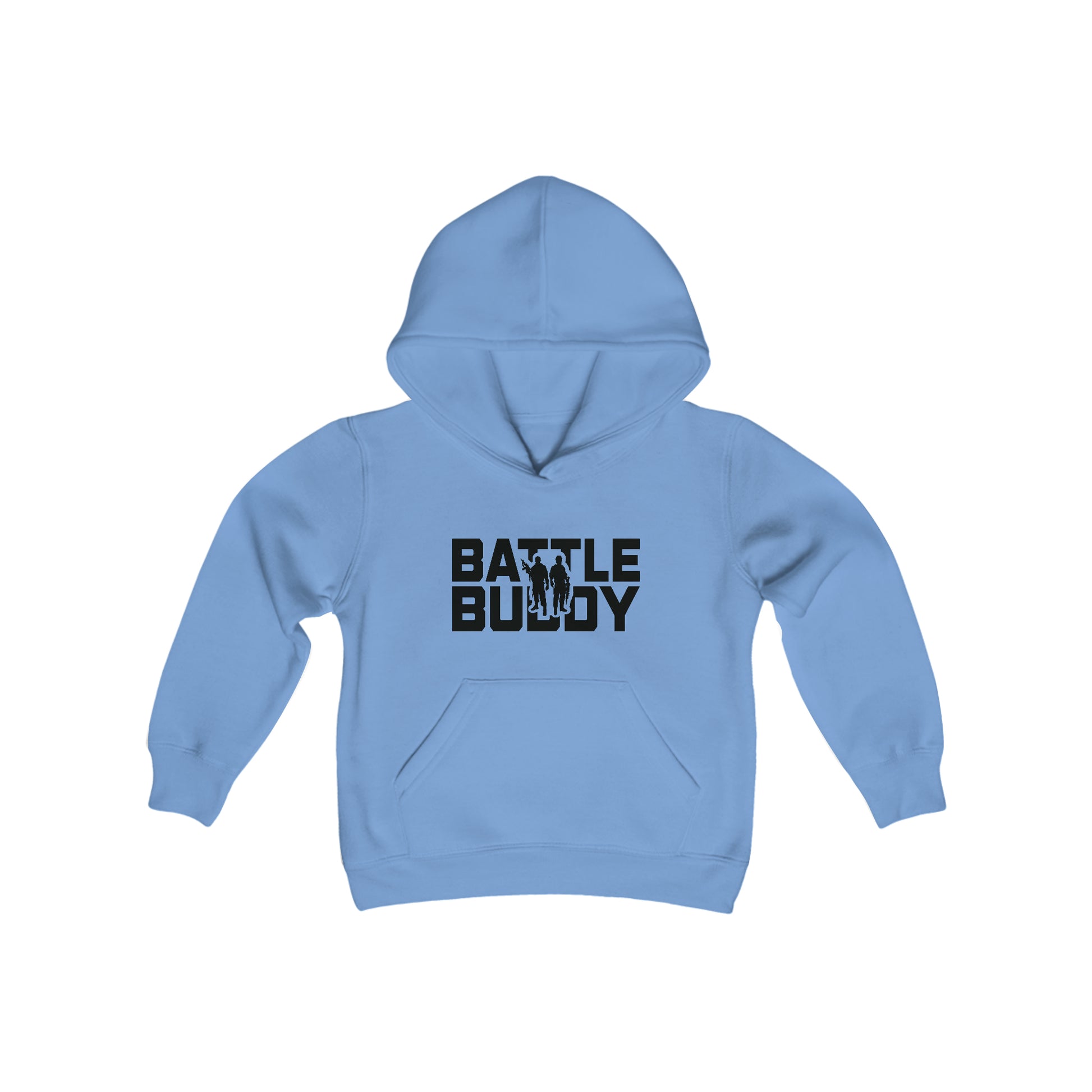 Rakkgear Youth "Battle Buddy" Blue Hoodie: A stylish grey hoodie with 'Battle Buddy' on the front and the iconic Rakkgear Logo on the upper back, combining fashion and camaraderie for the spirited youth