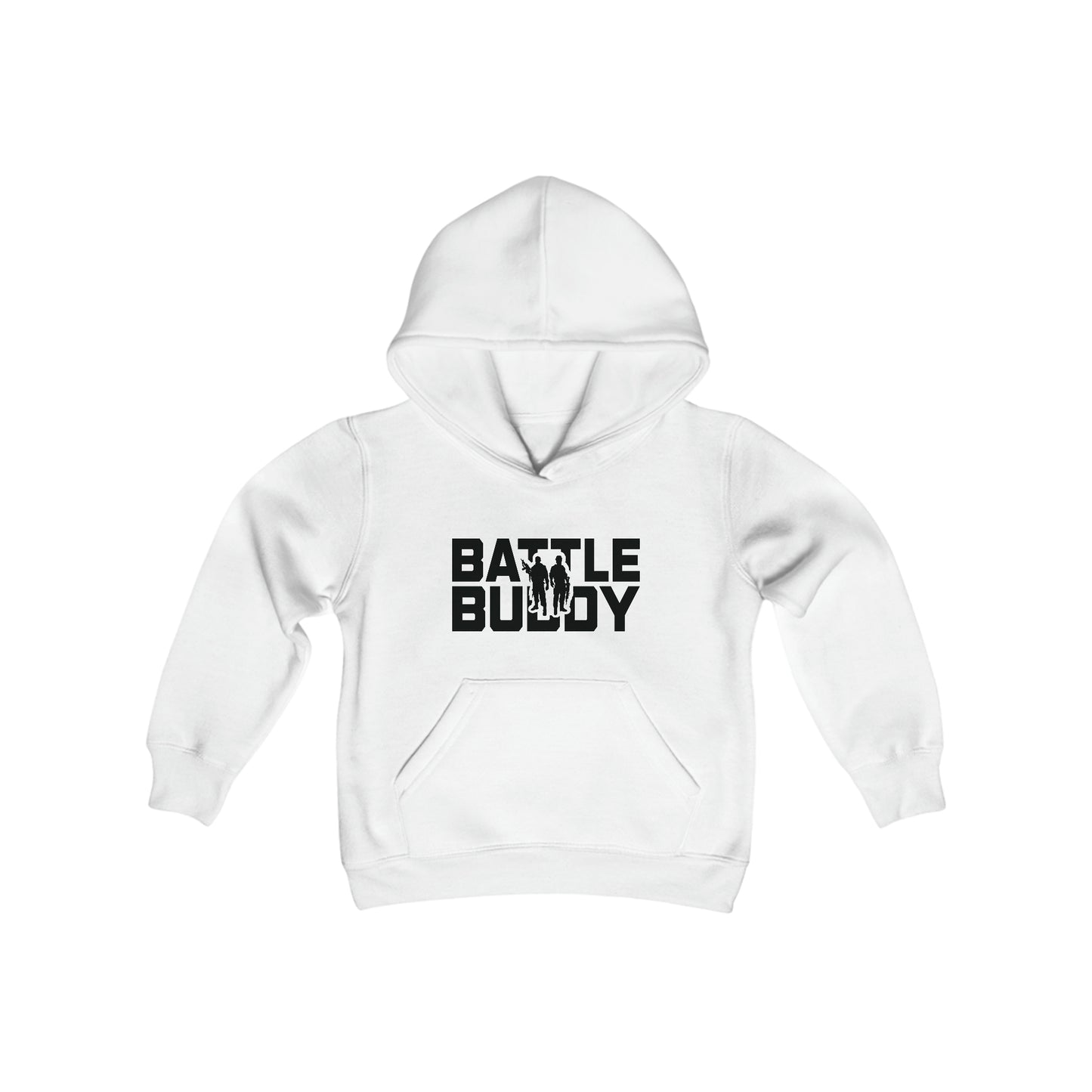 Rakkgear Youth "Battle Buddy" White Hoodie: A stylish grey hoodie with 'Battle Buddy' on the front and the iconic Rakkgear Logo on the upper back, combining fashion and camaraderie for the spirited youth