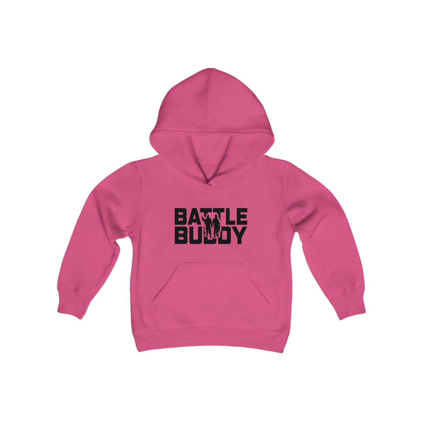 Rakkgear Youth "Battle Buddy" Red Hoodie: A stylish grey hoodie with 'Battle Buddy' on the front and the iconic Rakkgear Logo on the upper back, combining fashion and camaraderie for the spirited youth