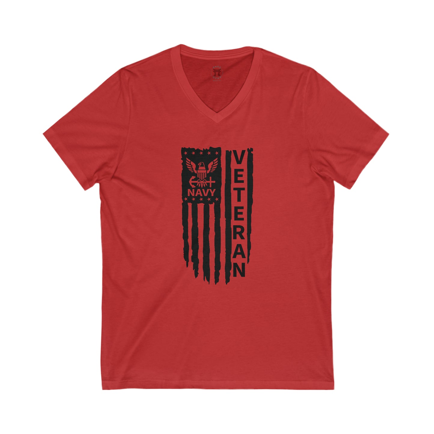 Rakkgear Women's Navy Veteran Red V-Neck T-Shirt featuring a distressed vertical American Flag with 'Navy Veteran' inside, and the Rakkgear logo on the upper back.