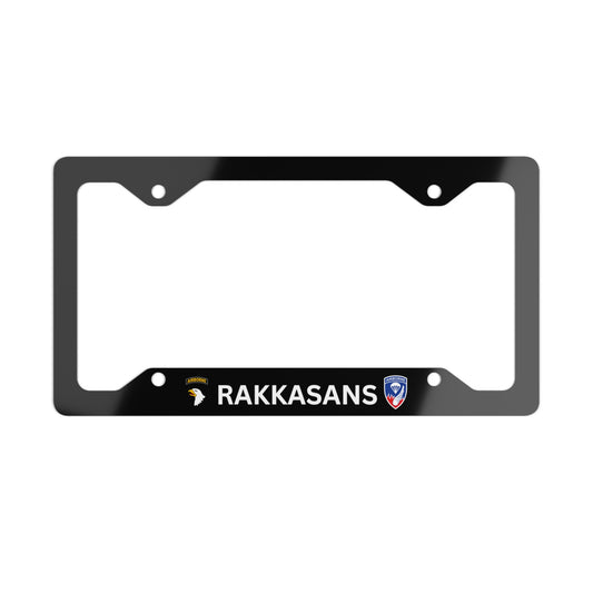Rakkgear Metal License Plate Frame in sleek black design, featuring 'RAKKASANS' across the bottom, 101st Airborne Screaming Eagle on the left, and 187th Airborne logo on the right