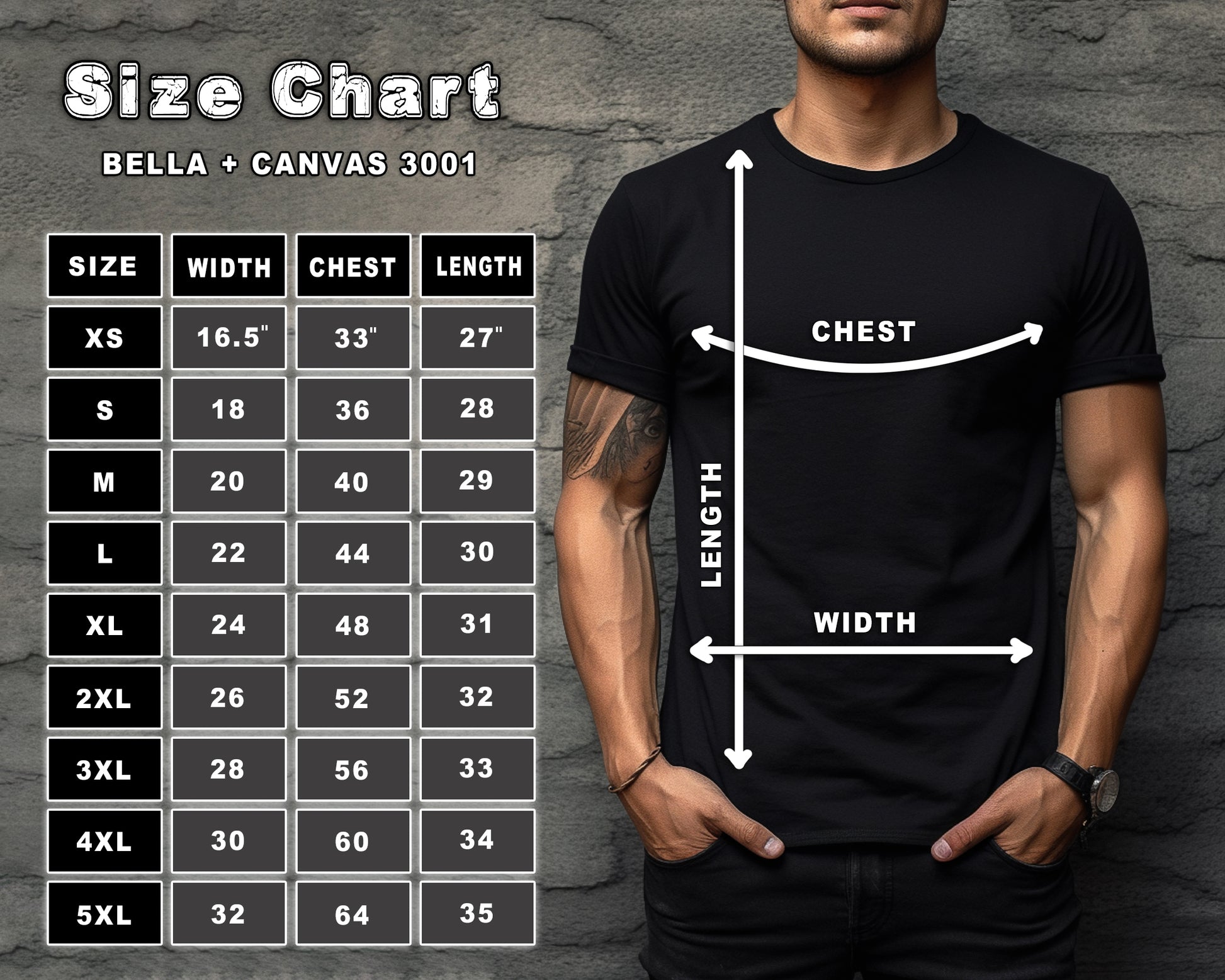 "Size chart for men's clothing by Rakkgear and Bella + Canvas, providing measurements for various dimensions to aid in selecting the right size."
