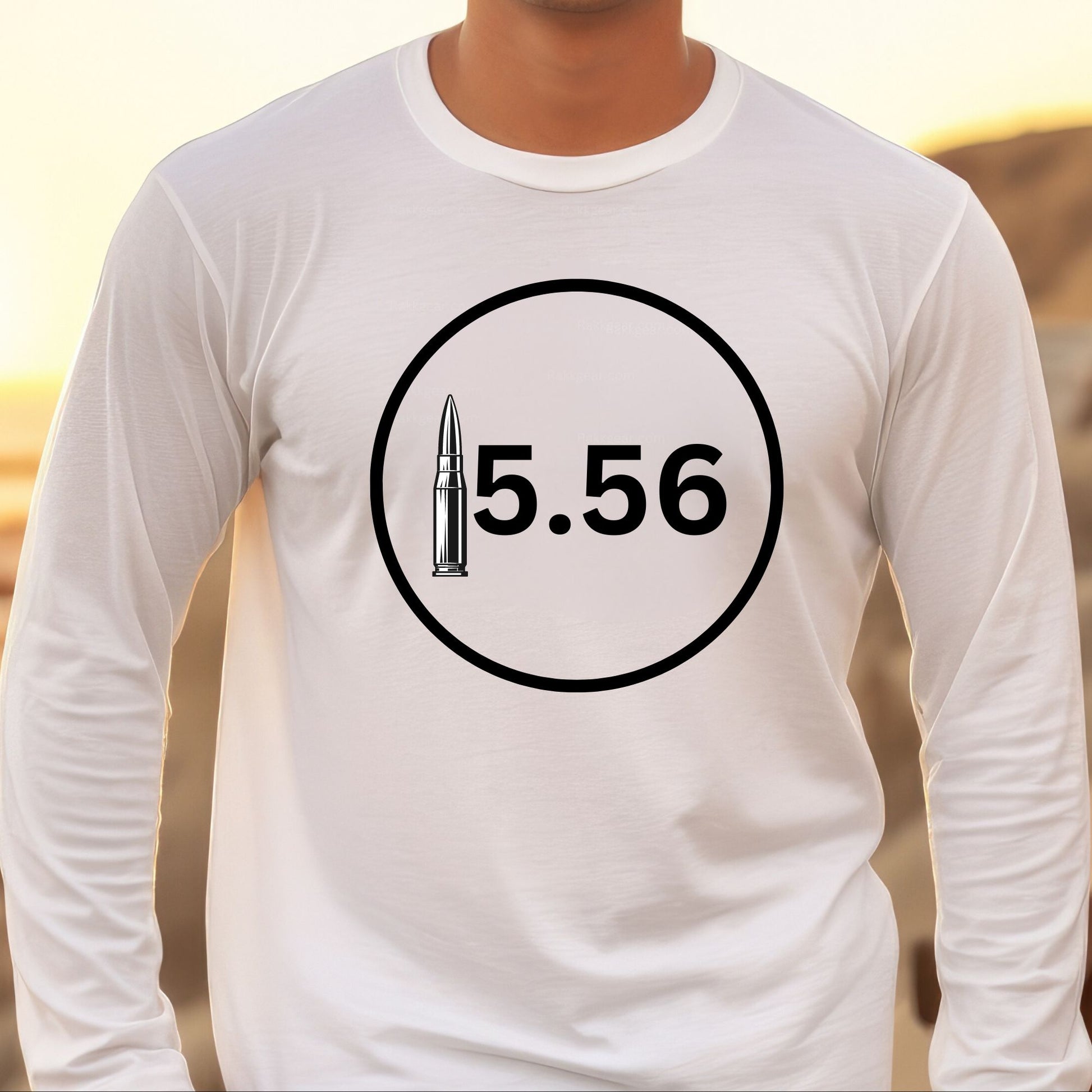 "Patriotic 5.56 White Long Sleeve T-shirt featuring the caliber '5.56' and American flag design."